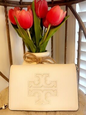 Tory Burch Ivory Pebbled Leather Crossbody with Logo